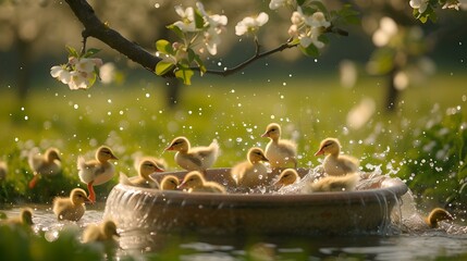 Adorable ducklings enjoying a magical bath amidst sparkling water drops and blossoms. perfect for spring themes and nature backgrounds. AI