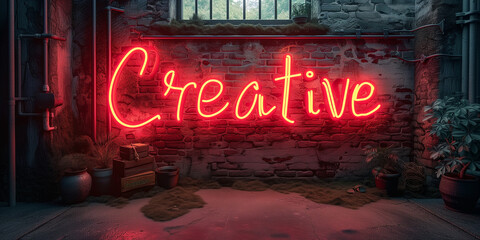 Scritta "Creative" neon su muro. 