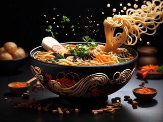 Digital Fusion: AI Art in Noodle Soup against Black Background