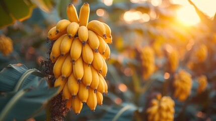 a bunch of ripe bananas hanging from a tree in a field of green leaves at sunset or sun rise in the background.