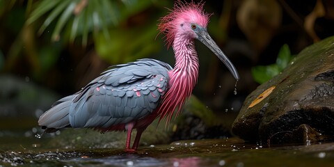Vibrant pink-feathered bird in lush habitat. striking plumage, natural elegance captured. ideal for wildlife enthusiasts. AI
