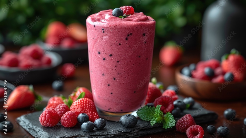 Poster a close up of a smoothie on a table with berries and blueberries on the table next to it.