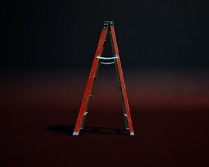 Red aluminium ladder against dark grey background lit by blue and red light. Studio shot.