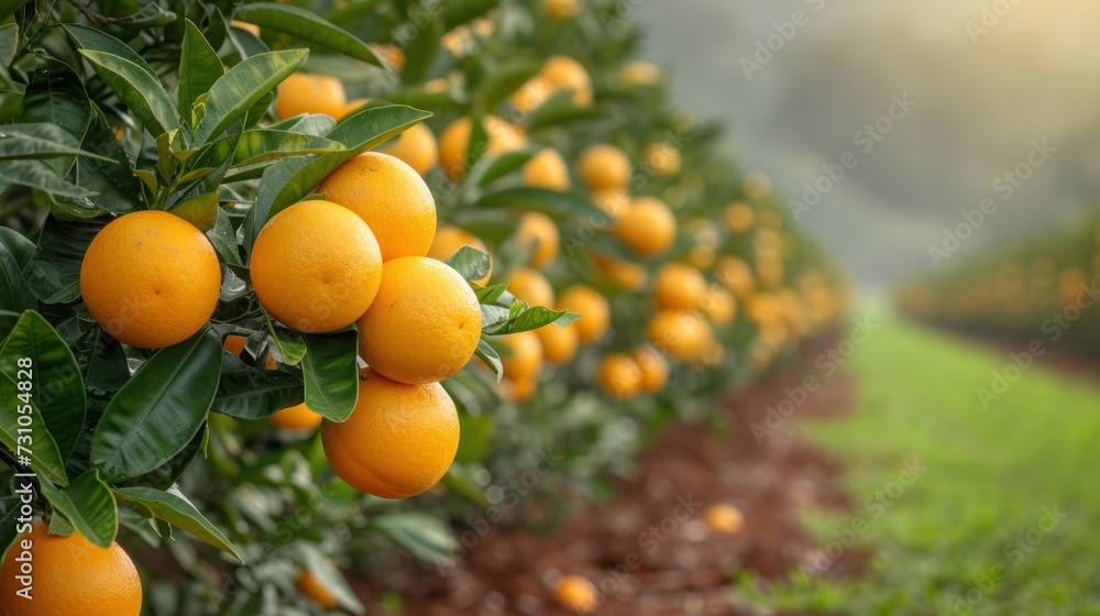 Poster a tree filled with lots of oranges on top of a lush green field with a field in the background.