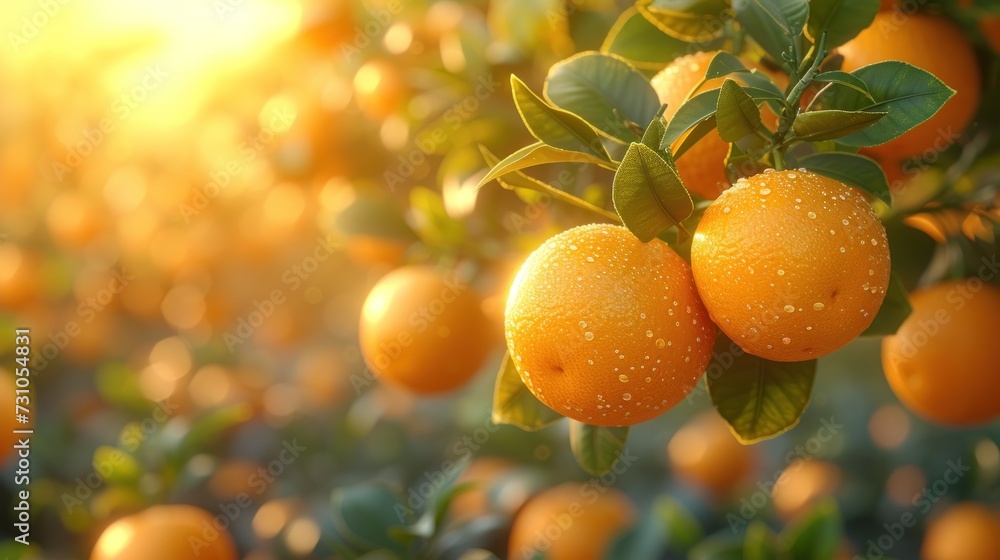 Poster a group of oranges hanging from a tree with water droplets on them and green leaves in the foregroun