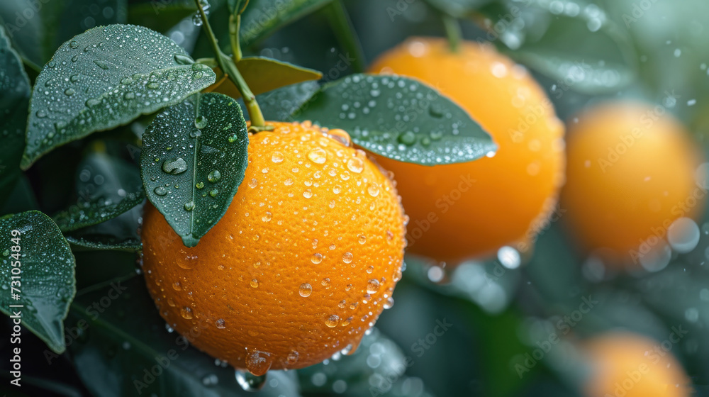 Poster a group of oranges hanging from a tree with water droplets on them and green leaves with drops of wa