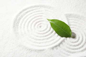 Zen rock garden. Circle patterns on white sand and green leaf, closeup