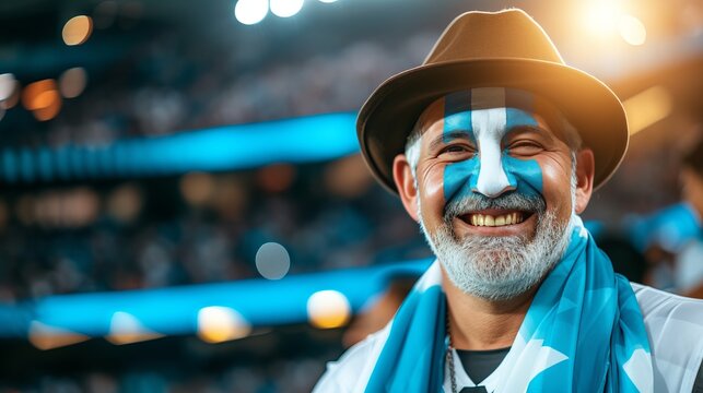 Enthusiastic argentina fan with face painted in flag colors cheering at football stadium