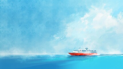 Minimalist abstract digital illustration depicts a watercolor-style drawing of a cruise ship sailing on the sea against a blue sky.