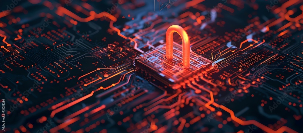 Aufkleber futuristic cyber security concept with glowing padlock on circuit board. digital data protection, en