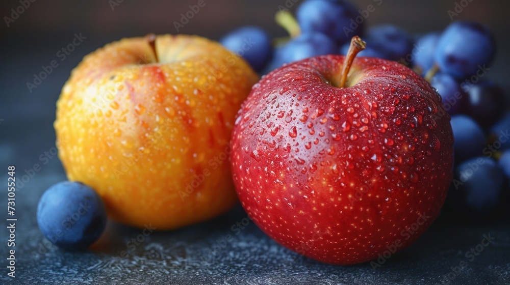 Aufkleber a close up of a red apple and a yellow apple with blueberries on a table next to each other.
