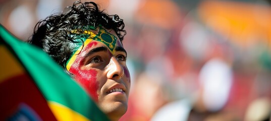 Energetic portugal fan with painted face at sports event, stadium background and text space
