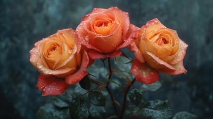 a close up of three orange roses with drops of water on them and a green leafy plant in the background.