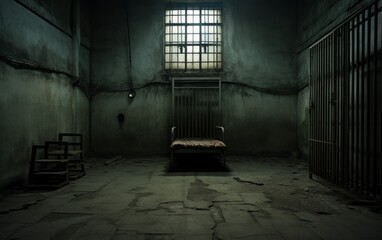 An empty prison cell devoid of any occupants or personal belongings.