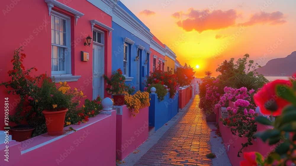 Poster the sun is setting over a row of colorful houses with flower pots on the side of the road in front o