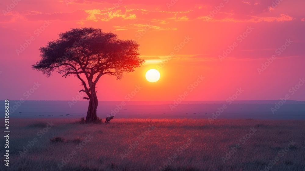 Poster a giraffe standing next to a tree in the middle of a field with the sun setting in the background.