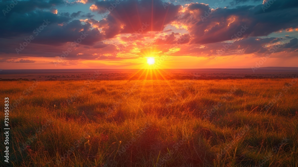 Poster the sun is setting over a field with tall grass in the foreground and a blue sky with clouds in the 