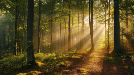 Wald panorama mit Sonnenstrahlen.