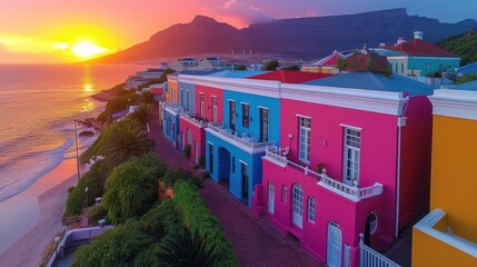 the sun is setting over a row of colorful houses on the shore of a beach in cape town, cape town, cape town, cape town, cape town, cape town, cape town, south africa. - obrazy, fototapety, plakaty