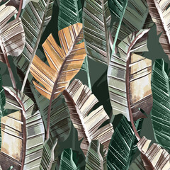  Bananas seamless pattern. Vector illustration of multicolored leaves. Linear contour. Cartoon...