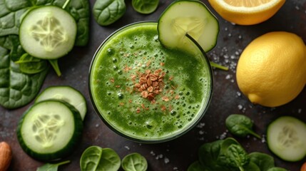 a green smoothie with cucumbers, lemons, and spinach on a table with other fruits and vegetables.