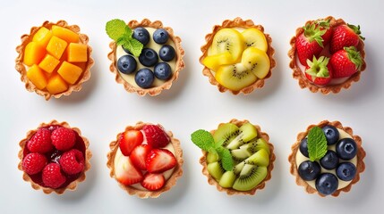 Fruit Tartlets, variety of fruit tartlets arranged in a visually appealing pattern on a white background, background image, generative AI - obrazy, fototapety, plakaty