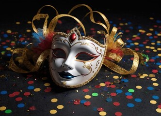 stunning Carnival Venetian white mask with confetti and a ribbon