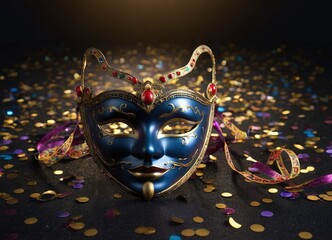 stunning blue mask adorned with gold confetti