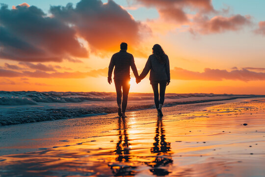 silhouette of a couple strolling along the beach at sunset.