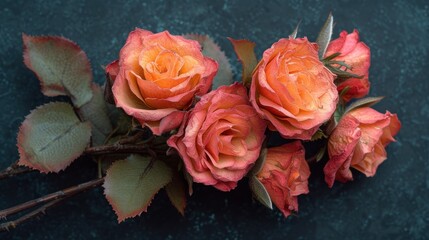 a bunch of orange roses sitting on top of a blue table top next to a green leafy planter.