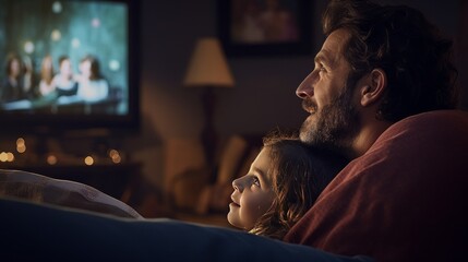 A father and his daughter enjoy watching television together, sharing a moment of relaxation and bonding in the comfort of their home.