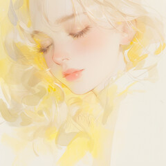 Light watercolor, cute girl face, abstract, white background, few details, dreamy.