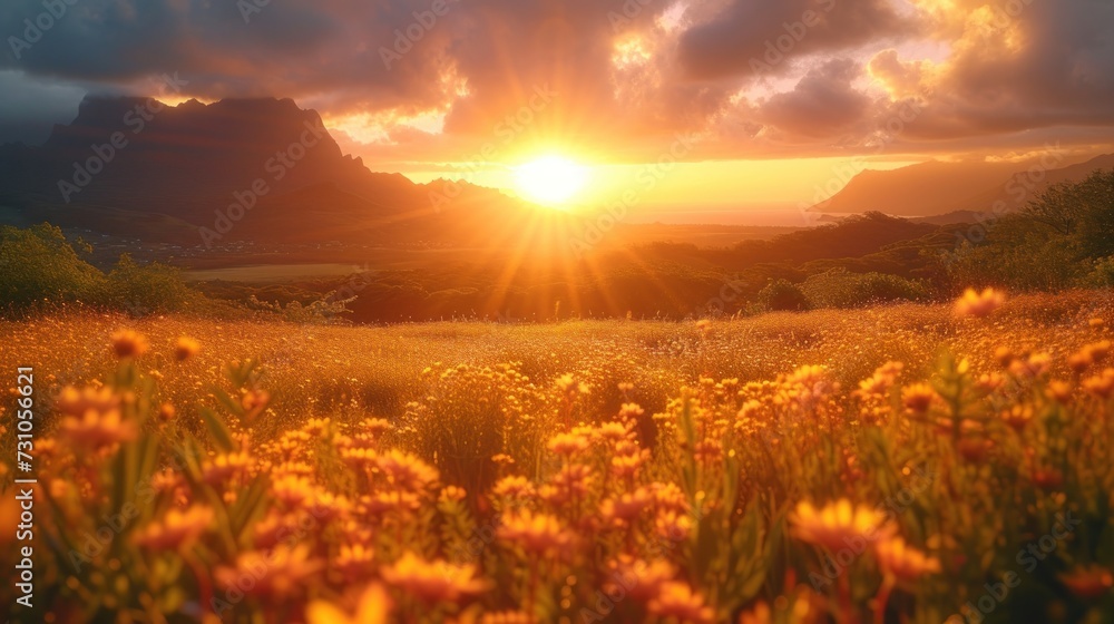 Poster the sun is setting over a field with wildflowers in the foreground and a mountain range in the backg