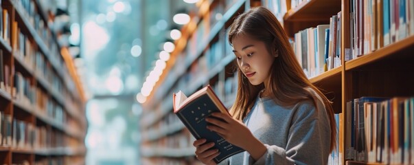 A female university student carefully selects a book from the shelf in the library, reflecting her scholarly pursuits and quest for knowledge. - obrazy, fototapety, plakaty