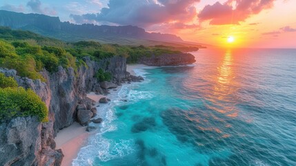 the sun is setting over the ocean with a rocky cliff on one side and a sandy beach on the other side. - obrazy, fototapety, plakaty
