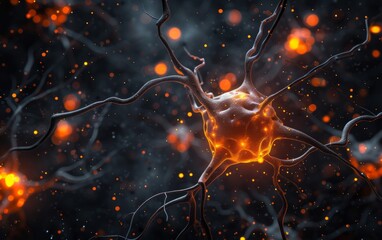 Neuron cell network on black background symbolizes firing neurons. Medical illustration showcases glowing signals.