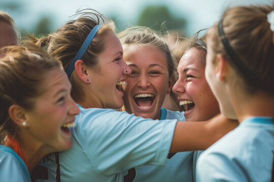 A group of girls celebrating a goal while playing soccer.