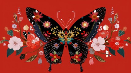 a painting of a black butterfly with colorful flowers on it's wings and wings, with a red background.