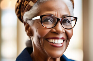 Smiling confident stylish mature middle aged woman. Portrait of happy older female on gray background. Banner design with copy space. Close up charming old lady in glasses. Elderly people