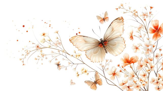 a painting of a white butterfly on a branch with flowers in the foreground and a white sky in the background.
