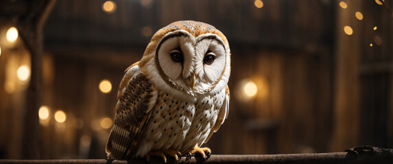 An owl on a branch with cabin lights behind it, wildlife.