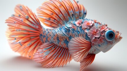 a close up of a blue and orange fish with flowers on it's side and a light blue background.