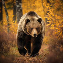 Fototapeta premium Large brown bear strolling through an autumn forest. Made with generative ai