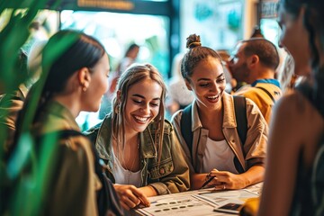 Group of young people doing check-in of youth hostel guest house - Happy tourists talking with receptionist at hotel lobby - Summer vacations and tourism, Generative AI