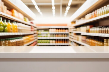 Empty table top with supermarket blurred defocused panorama, bokeh light. Backdrop for display montage products. Blank wood textured counter, blur grocery, bio eco market store background. Front view
