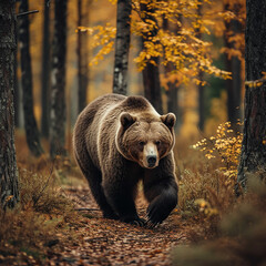 Large brown bear strolling through an autumn forest. Made with generative ai