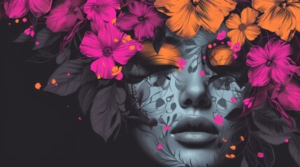 a painting of a woman's face with flowers in her hair and on her face is an image of a woman's face with flowers in her hair. - obrazy, fototapety, plakaty