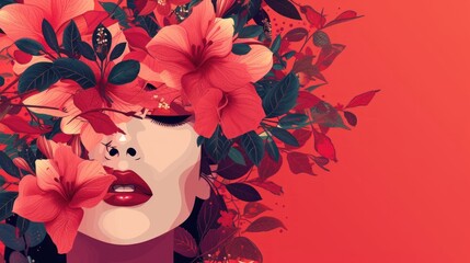 a woman with red flowers on her head and a red background with a red background and a woman's face with red flowers on her head.