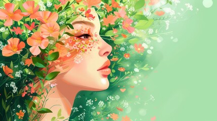 a digital painting of a woman's face with flowers in her hair and on her face is a green background.