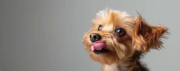 In a studio shot, a little poodle dog is captured from the front, licking its lips, providing ample copy space for text.